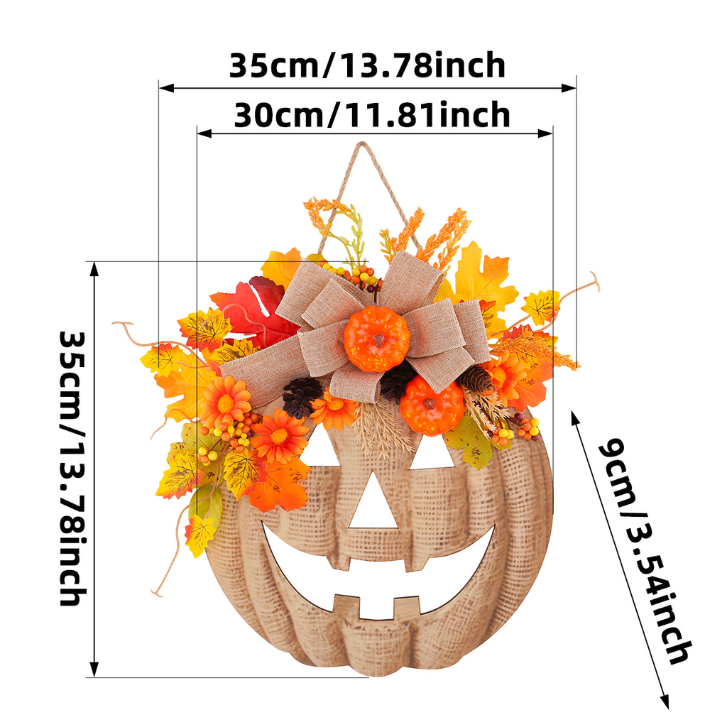 Halloween Wooden Pumpkin Door Sign with Artificial Flowers, Autumn Window Home Decorative Hanging Ornament