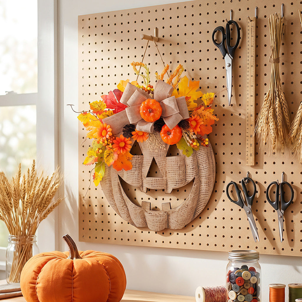 Halloween Wooden Pumpkin Door Sign with Artificial Flowers, Autumn Window Home Decorative Hanging Ornament