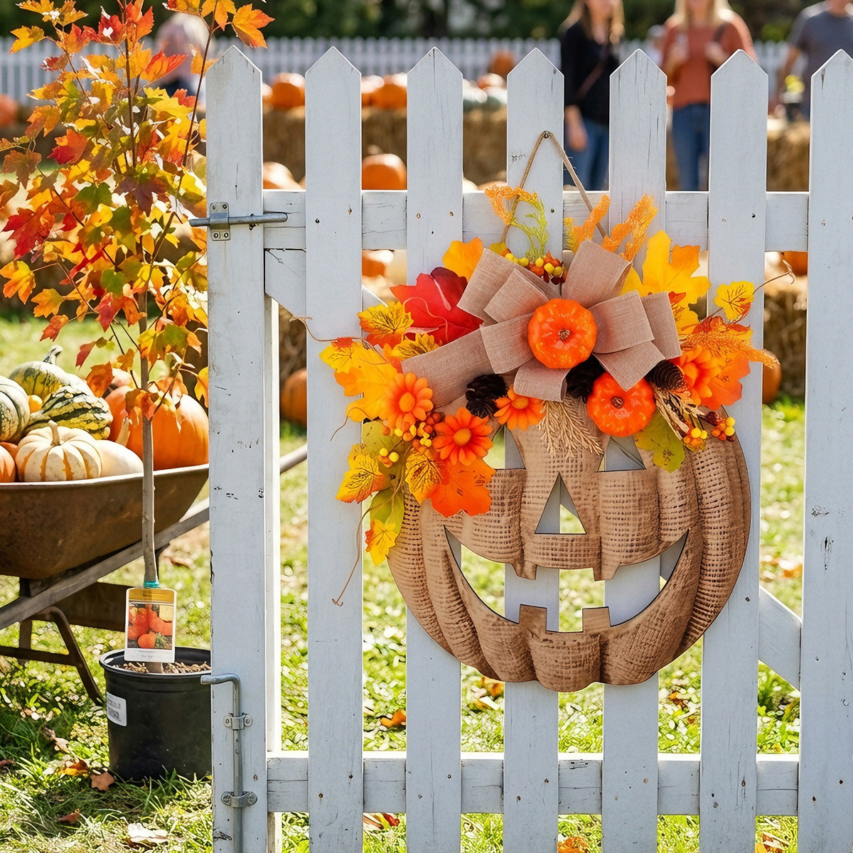 Halloween Wooden Pumpkin Door Sign with Artificial Flowers, Autumn Window Home Decorative Hanging Ornament