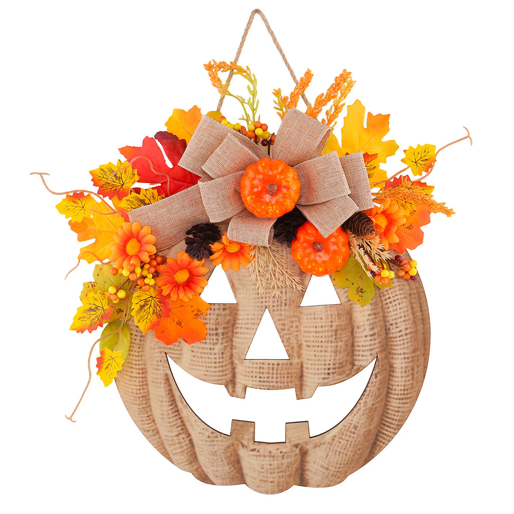 Halloween Wooden Pumpkin Door Sign with Artificial Flowers, Autumn Window Home Decorative Hanging Ornament