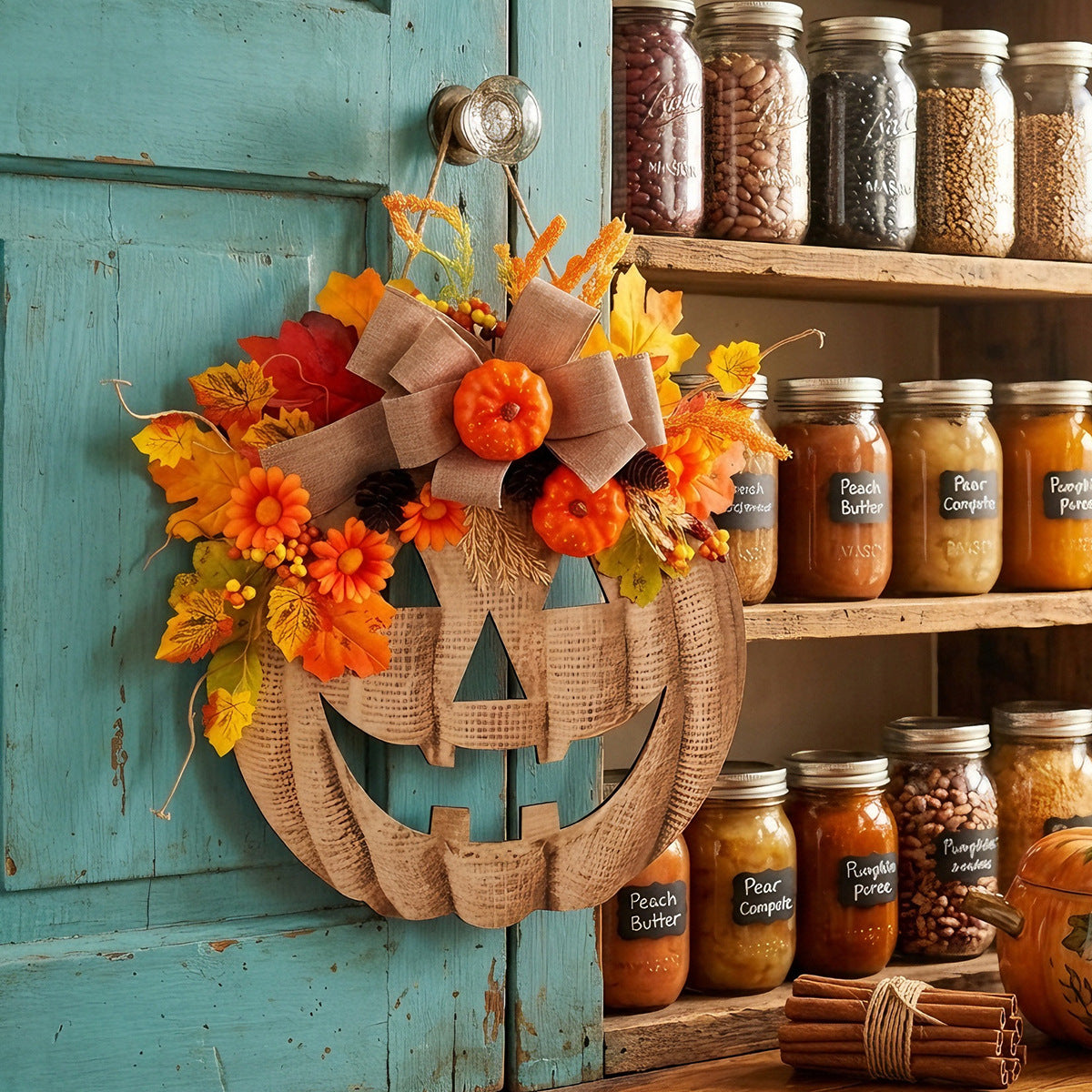 Halloween Wooden Pumpkin Door Sign with Artificial Flowers, Autumn Window Home Decorative Hanging Ornament