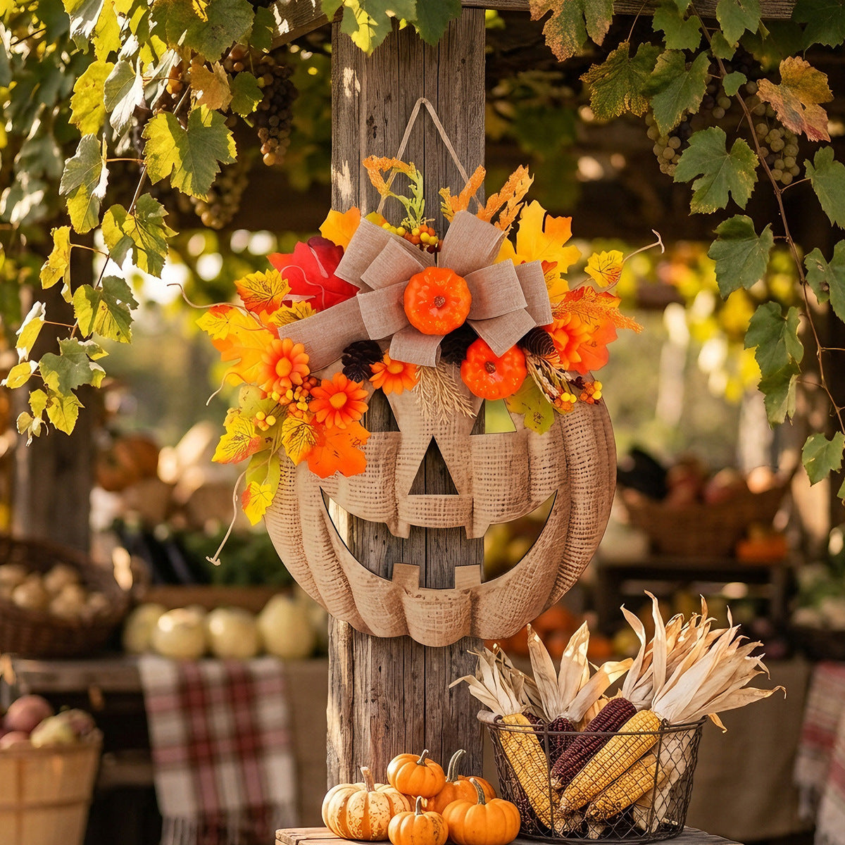 Halloween Wooden Pumpkin Door Sign with Artificial Flowers, Autumn Window Home Decorative Hanging Ornament